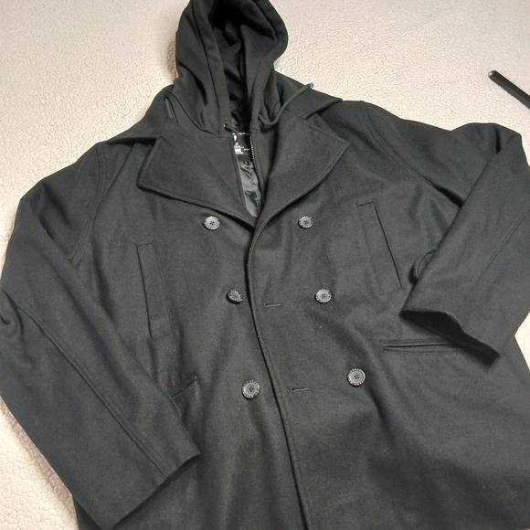 Black Wool Peacoat Hooded Coat XXL Double Breasted